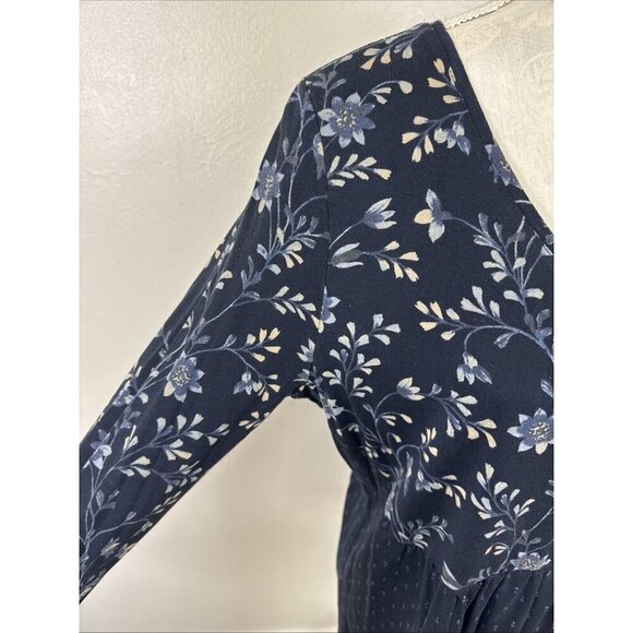 J Jill Women's L Petite Mixed Print Knit Peasant Pleated Top Blue Floral - Picture 4 of 10